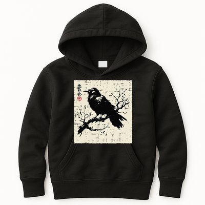 Japanese Bird Black Raven Vintage Crow Art Kids Hoodie