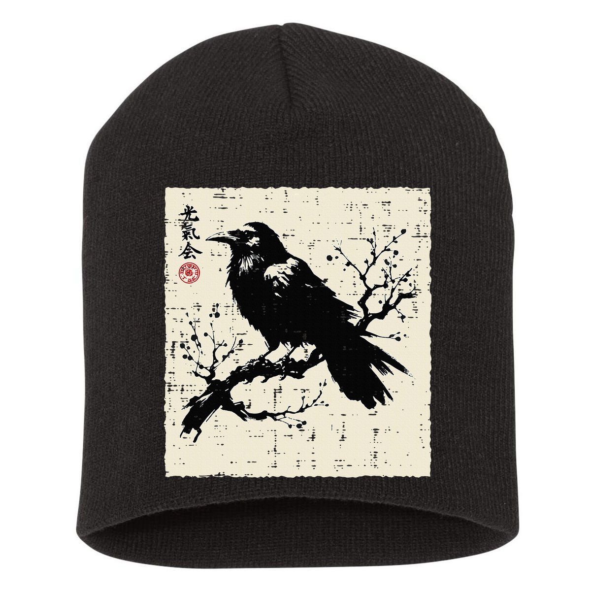 Japanese Bird Black Raven Vintage Crow Art Short Acrylic Beanie