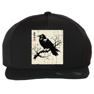 Japanese Bird Black Raven Vintage Crow Art Wool Snapback Cap