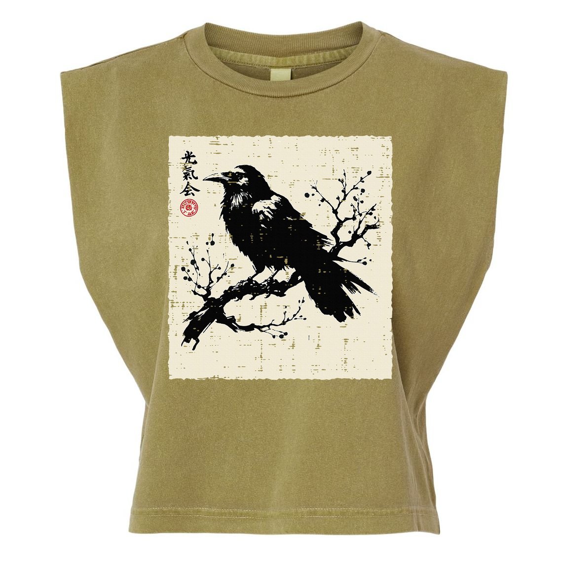 Japanese Bird Black Raven Vintage Crow Art Garment-Dyed Women's Muscle Tee