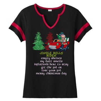 Jingle Bell Biden Xmas Santa Trump 3 Ugly Christmas Sweater Gift Ladies Halftime Notch Neck Tee