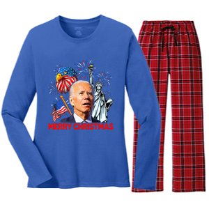 Joe Biden Confused Patriotic Merry Christmas For 4th Of July Women's Long Sleeve Flannel Pajama Set 