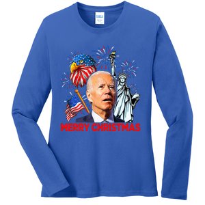 Joe Biden Confused Patriotic Merry Christmas For 4th Of July Ladies Long Sleeve Shirt