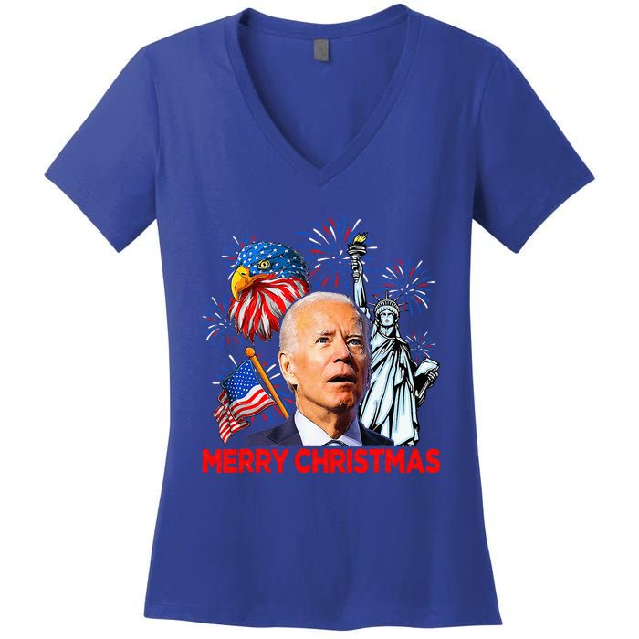 Joe Biden Confused Patriotic Merry Christmas For 4th Of July Women's V-Neck T-Shirt