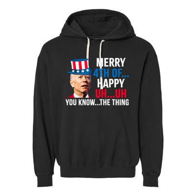 Joe Biden Confused Merry Happy Funny 4th Of July Garment-Dyed Fleece Hoodie
