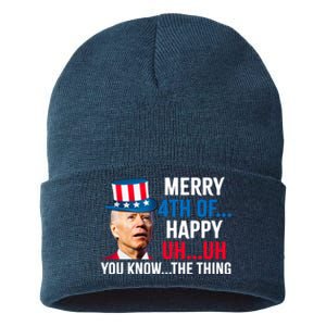 Joe Biden Confused Merry Happy Funny 4th Of July Sustainable Knit Beanie