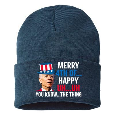 Joe Biden Confused Merry Happy Funny 4th Of July Sustainable Knit Beanie