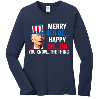 Joe Biden Confused Merry Happy Funny 4th Of July Ladies Long Sleeve Shirt