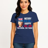 Joe Biden Confused Merry Happy Funny 4th Of July Womens T-Shirt