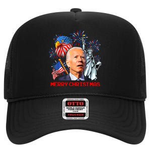 Joe Biden Confused Patriotic Merry Christmas For 4th Of July High Crown Mesh Back Trucker Hat