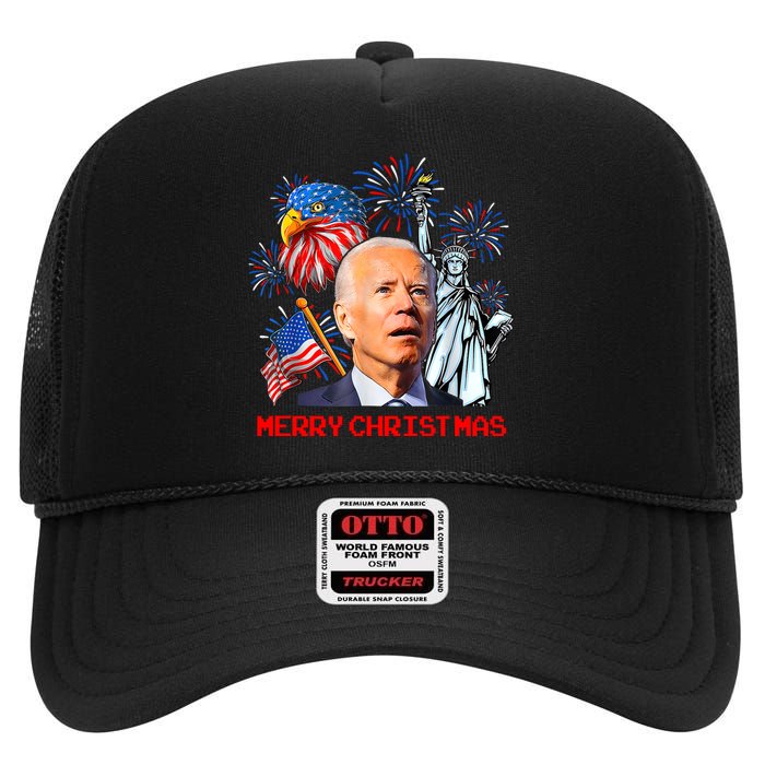 Joe Biden Confused Patriotic Merry Christmas For 4th Of July High Crown Mesh Back Trucker Hat