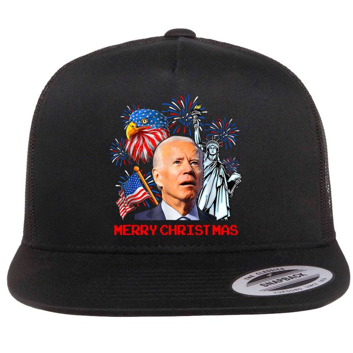 Joe Biden Confused Patriotic Merry Christmas For 4th Of July Flat Bill Trucker Hat