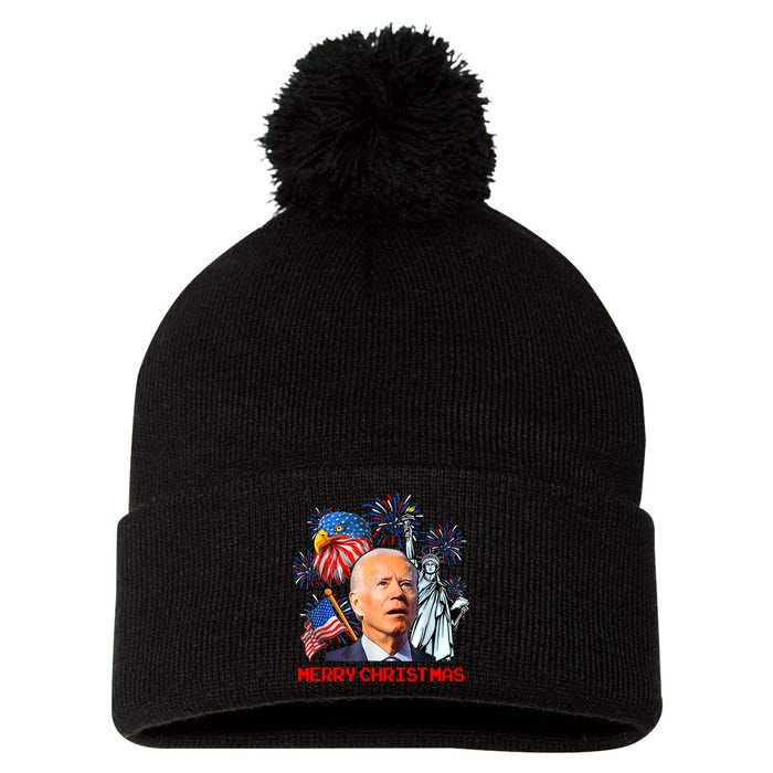 Joe Biden Confused Patriotic Merry Christmas For 4th Of July Pom Pom 12in Knit Beanie