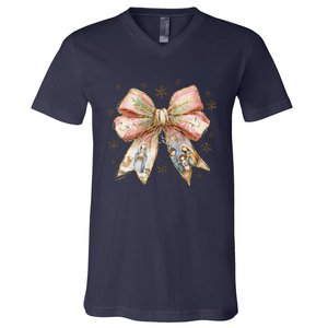 Jesus Birth Christmas Coquette Bow Christian Nativity Scene V-Neck T-Shirt