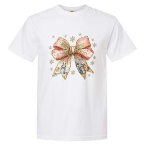 Jesus Birth Christmas Coquette Bow Christian Nativity Scene Garment-Dyed Heavyweight T-Shirt