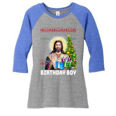 Jesus Birthday Christmas Xmas Holiday Funny Ugly Sweater Cute Gift Women's Tri-Blend 3/4-Sleeve Raglan Shirt