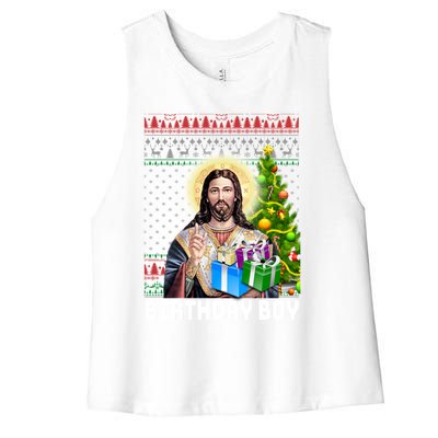 Jesus Birthday Christmas Xmas Holiday Funny Ugly Sweater Cute Gift Women's Racerback Cropped Tank