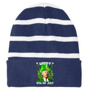 Joe Biden Confused Happy 4th Of July Funny St Patricks Day Striped Beanie with Solid Band