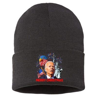 Joe Biden Confused Patriotic Merry Christmas For 4th Of July Sustainable Knit Beanie