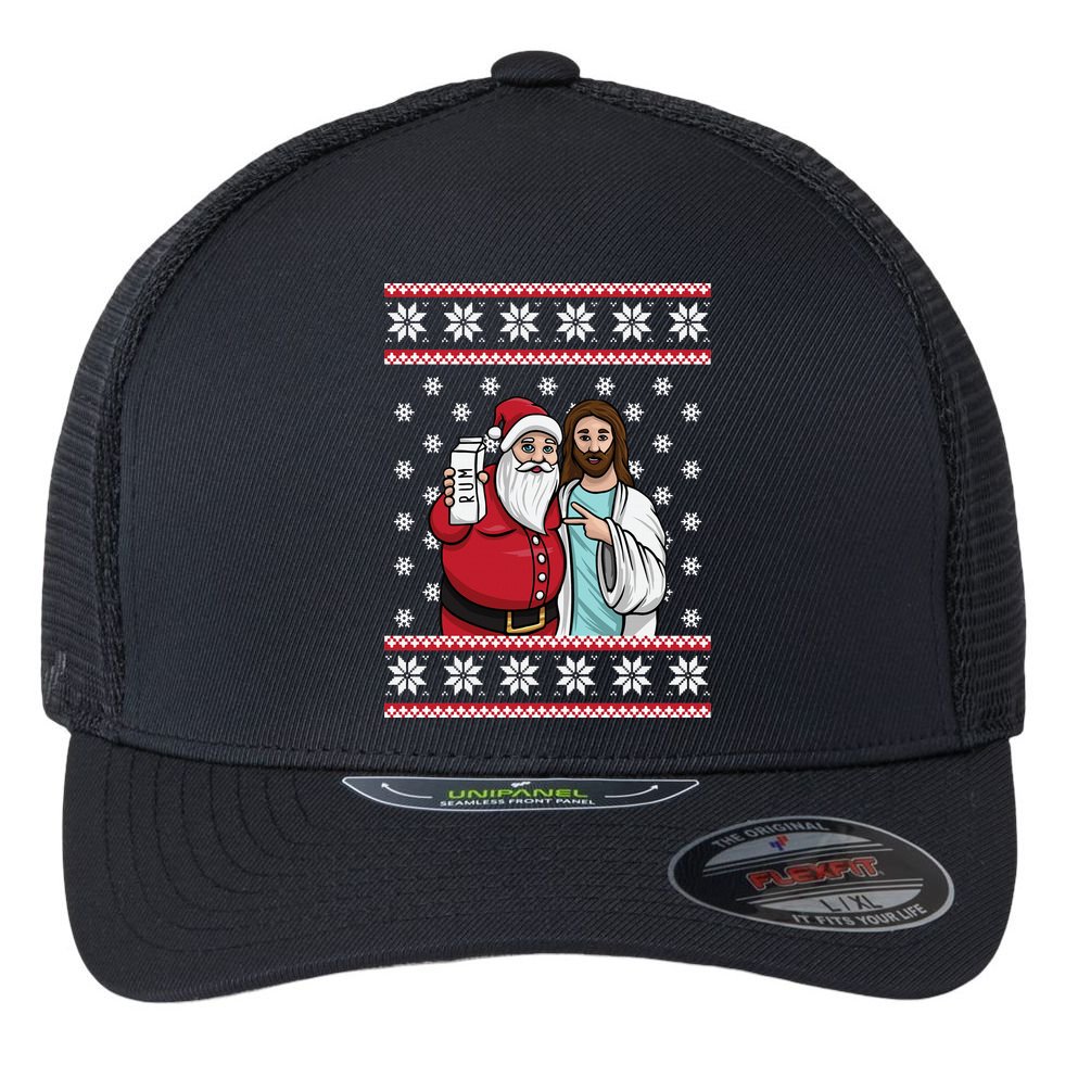 Jingle Bros Christmas Drinking Party Santa Jesus Rum Lovers Flexfit Unipanel Trucker Cap