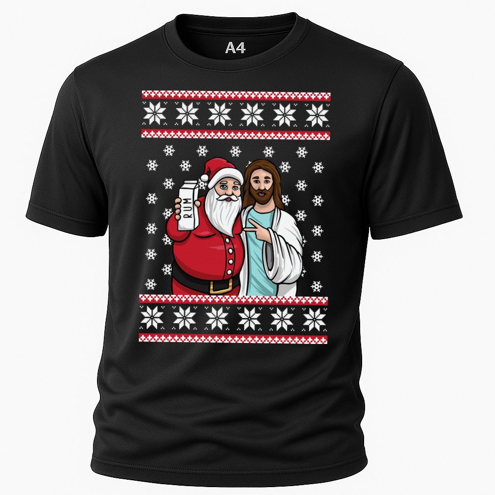 Jingle Bros Christmas Drinking Party Santa Jesus Rum Lovers Cooling Performance Crew T-Shirt
