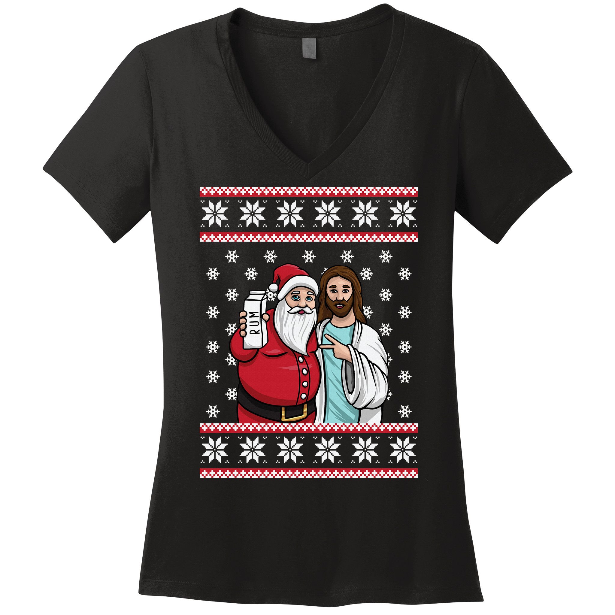 Jingle Bros Christmas Drinking Party Santa Jesus Rum Lovers Women's V-Neck T-Shirt