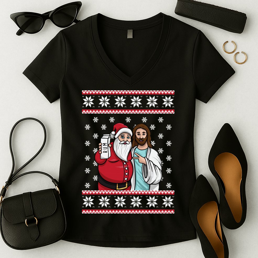 Jingle Bros Christmas Drinking Party Santa Jesus Rum Lovers Women's V-Neck T-Shirt