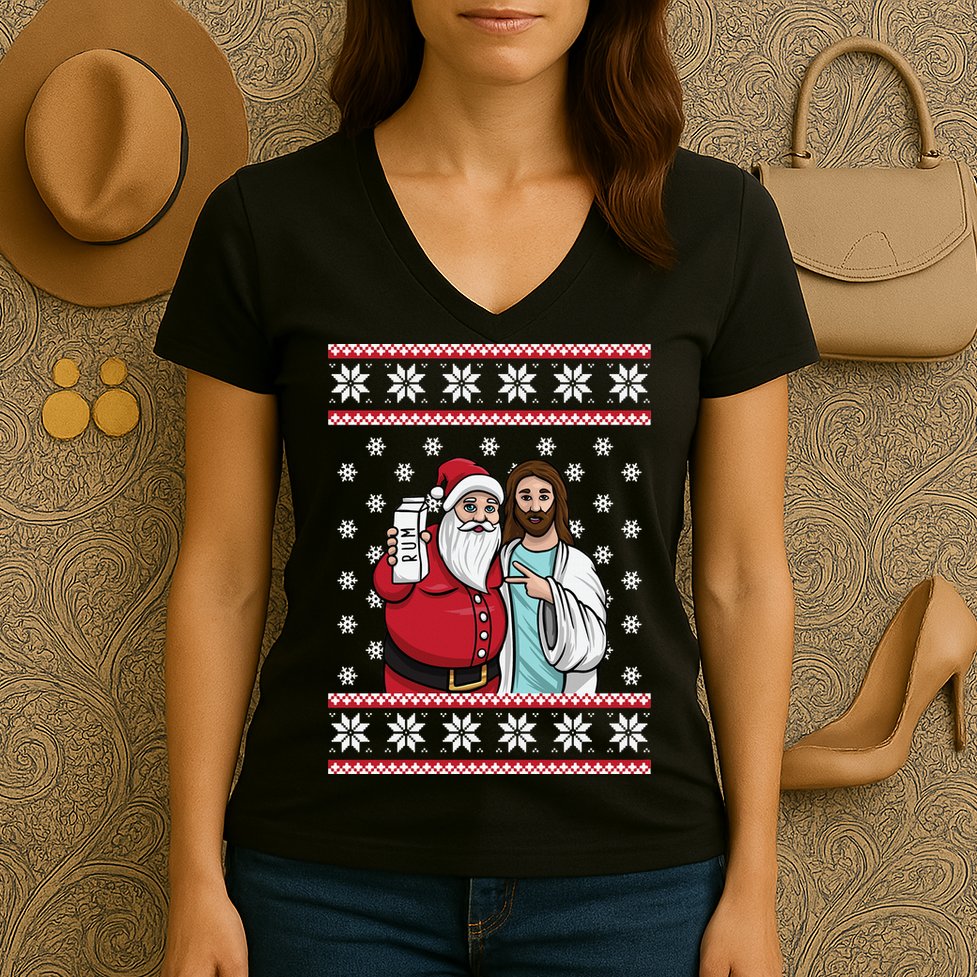 Jingle Bros Christmas Drinking Party Santa Jesus Rum Lovers Women's V-Neck T-Shirt