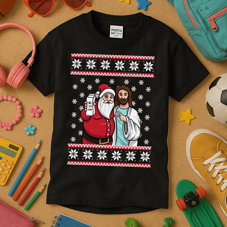 Jingle Bros Christmas Drinking Party Santa Jesus Rum Lovers Kids T-Shirt