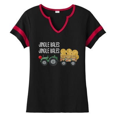 Jingle Bales Christmas Tree Tractor Farmer Farming Family Gift Ladies Halftime Notch Neck Tee