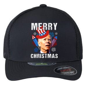 Joe Biden Confused Merry Christmas Fourth Of July Usa Flag Gift Flexfit Unipanel Trucker Cap