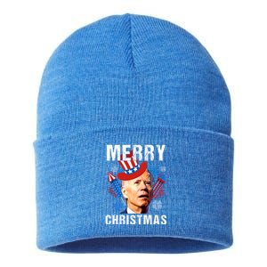 Joe Biden Confused Merry Christmas Fourth Of July Usa Flag Gift Sustainable Knit Beanie