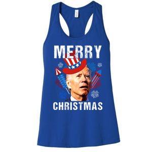 Joe Biden Confused Merry Christmas Fourth Of July Usa Flag Gift Women's Racerback Tank