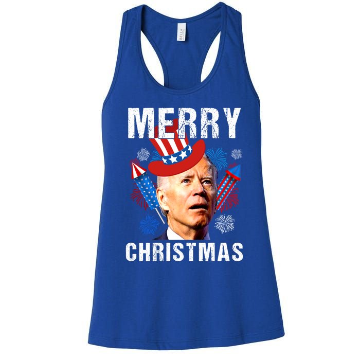 Joe Biden Confused Merry Christmas Fourth Of July Usa Flag Gift Women's Racerback Tank