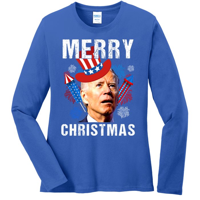 Joe Biden Confused Merry Christmas Fourth Of July Usa Flag Gift Ladies Long Sleeve Shirt