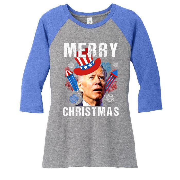 Joe Biden Confused Merry Christmas Fourth Of July Usa Flag Gift Women's Tri-Blend 3/4-Sleeve Raglan Shirt