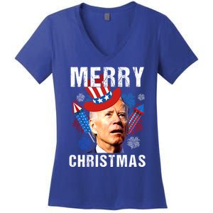 Joe Biden Confused Merry Christmas Fourth Of July Usa Flag Gift Women's V-Neck T-Shirt