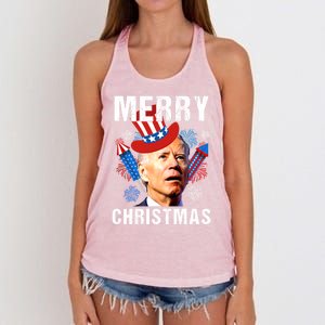 Joe Biden Confused Merry Christmas Fourth Of July Usa Flag Gift Women's Knotted Racerback Tank