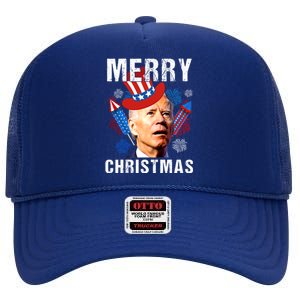 Joe Biden Confused Merry Christmas Fourth Of July Usa Flag Gift High Crown Mesh Back Trucker Hat