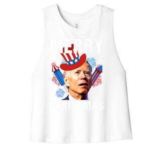 Joe Biden Confused Merry Christmas Fourth Of July Usa Flag Gift Women's Racerback Cropped Tank