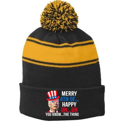 Joe Biden Confused Merry 4th Of July Funny Independence Day Stripe Pom Pom Beanie