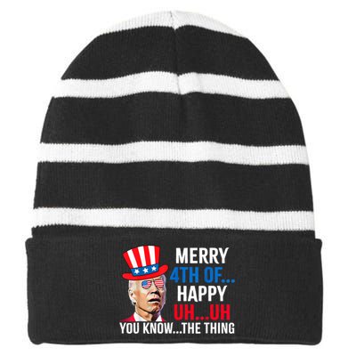 Joe Biden Confused Merry 4th Of July Funny Independence Day Striped Beanie with Solid Band