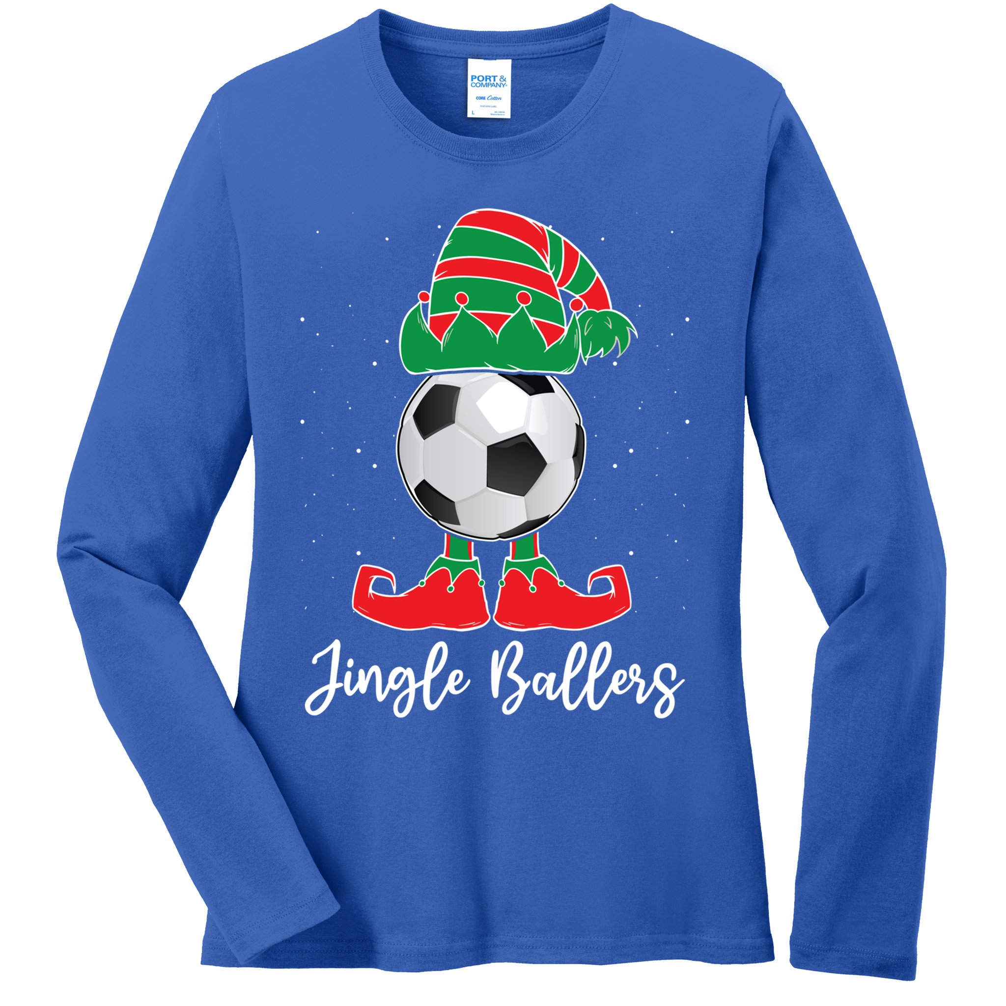 Jingle Ballers Christmas Soccer Ball Xmas Elf Squad Holiday Gift Ladies Long Sleeve Shirt