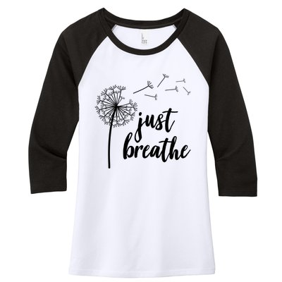 Just Breathe Dandelion Mental Health Women's Tri-Blend 3/4-Sleeve Raglan Shirt