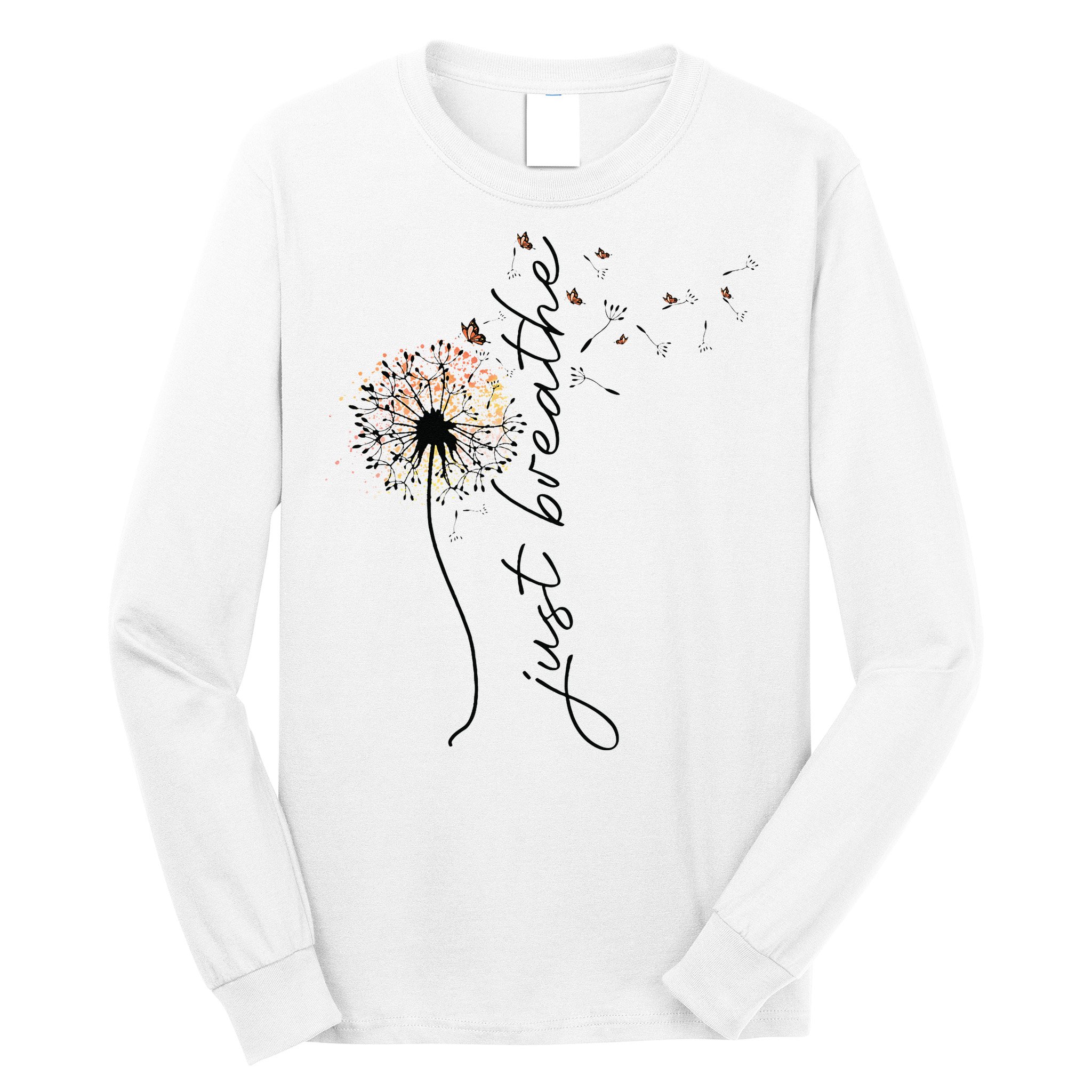 Just Breathe Dandelion And Buterflies Summer Top Long Sleeve Shirt