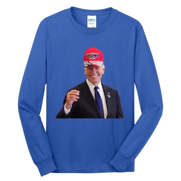 Joe Biden Dons Trump 2024 Cap Wear A Trump Hat Tall Long Sleeve T-Shirt