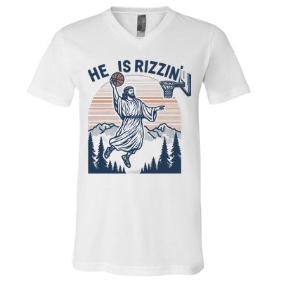 Jesus Basketball Easter He Is Rizzin Basketball God Vintage Funny V-Neck T-Shirt