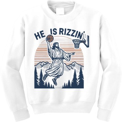 Jesus Basketball Easter He Is Rizzin Basketball God Vintage Funny Kids Sweatshirt