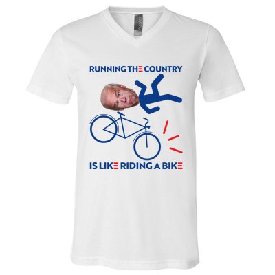 Joe Biden Falling Off Bike, Running The Country Is Like Riding A Bike V-Neck T-Shirt