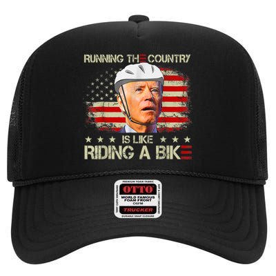 Joe Biden Falling Off Bike, Running The Country Is Like Riding A Bike High Crown Mesh Back Trucker Hat